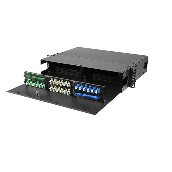 Primus Cable Rack Mount Fiber Distribution Patch Panel Enclosure, Slide-Out, 2RU, Holds 6 Adapter Panels, Up to 144 splices, Black