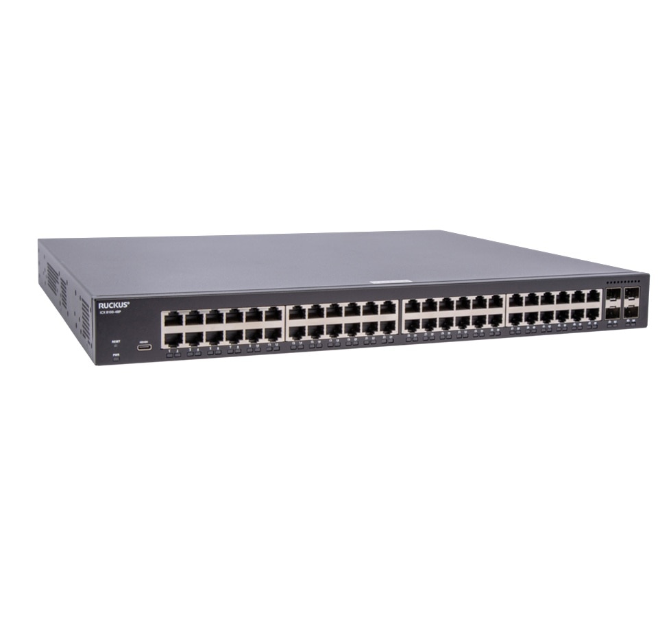 RUCKUS ICX 8100 1RU Switch, 48×10/100/1000 Mbps PoE+ 802.3at, 30W Class 4 ports, 4×1GbE SFP uplink-ports, 740W PoE budget. Power cord not included