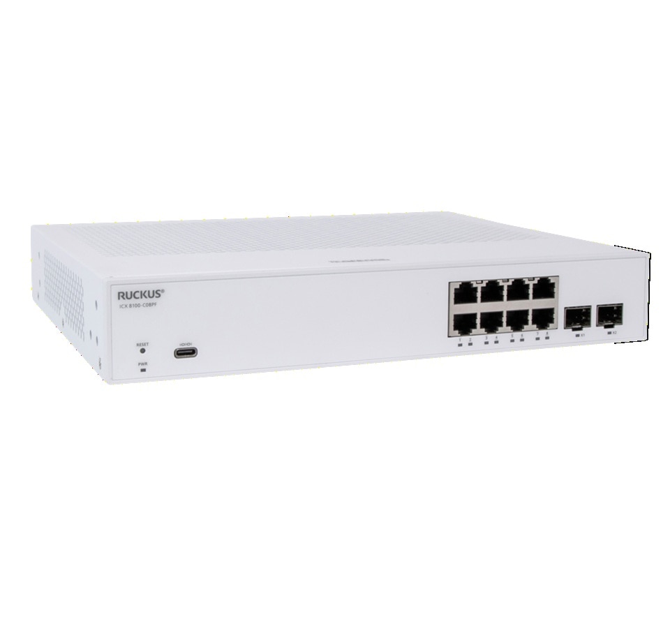 Ruckus ICX 8100 Switch, 8x 10/100/1000 ports, 2 x 1G SFP uplink-ports, advanced layer 2, 124W PoE budget